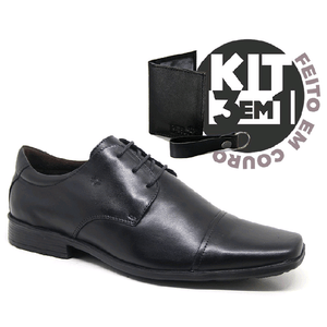 Kit Sapato Social Masculino  Amarrar San6621k Couro Preto Burned