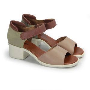 Sandália Feminina de Salto Largo Sandlp033 em Couro Nude/Rose/Off White
