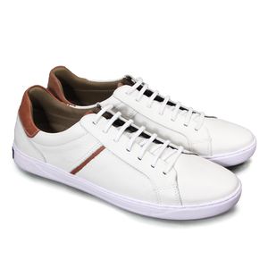 Sapatênis Masculino de Elástico Bil011l em Couro Branco/Pinhão