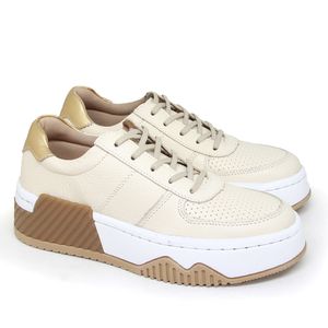 Tênis Feminino Dre011 de Amarrar em Couro Creme/Ouro