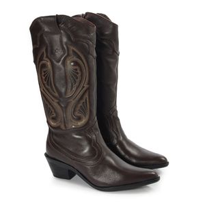 Bota Feminina Western Wes008 em Couro Café Burned e cano bordado