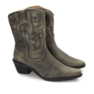 Bota Feminina Western Wes003 em Couro Off White Velluto Preto e cano bordado