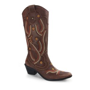 Bota Feminina Western WES018 em Couro Tabaco Topázio Café e cano bordado