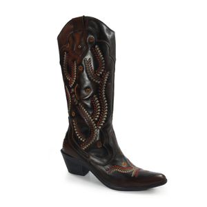 Bota Feminina Western WES018 em Couro Tan Imperial Preto e cano bordado