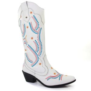 Bota Feminina Western WES018 em Couro Branco e cano bordado