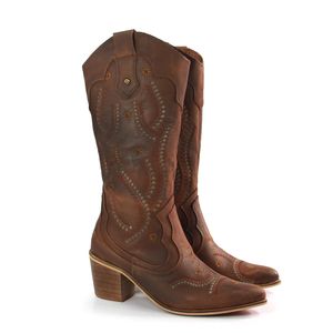 Bota Fem Texana Couro Tan Velluto Café - TEX003