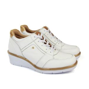 Tênis Fem Nice Couro Branco Dourado - NIC023