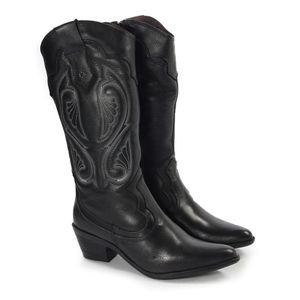 Bota Feminina Western Wes008 em Couro Preto Burned e cano bordado