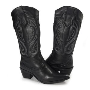 Bota Feminina Western Wes008 em Couro Preto Burned e cano bordado