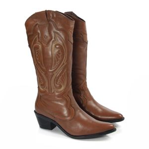 Bota Feminina Western Wes008 Couro Tabaco Burned e cano bordado
