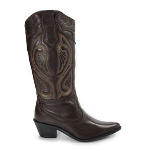 Bota Feminina Western Wes008 em Couro Café Burned e cano bordado