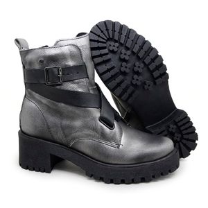 Bota Munique Couro Metal Prata Preto - MUN034V